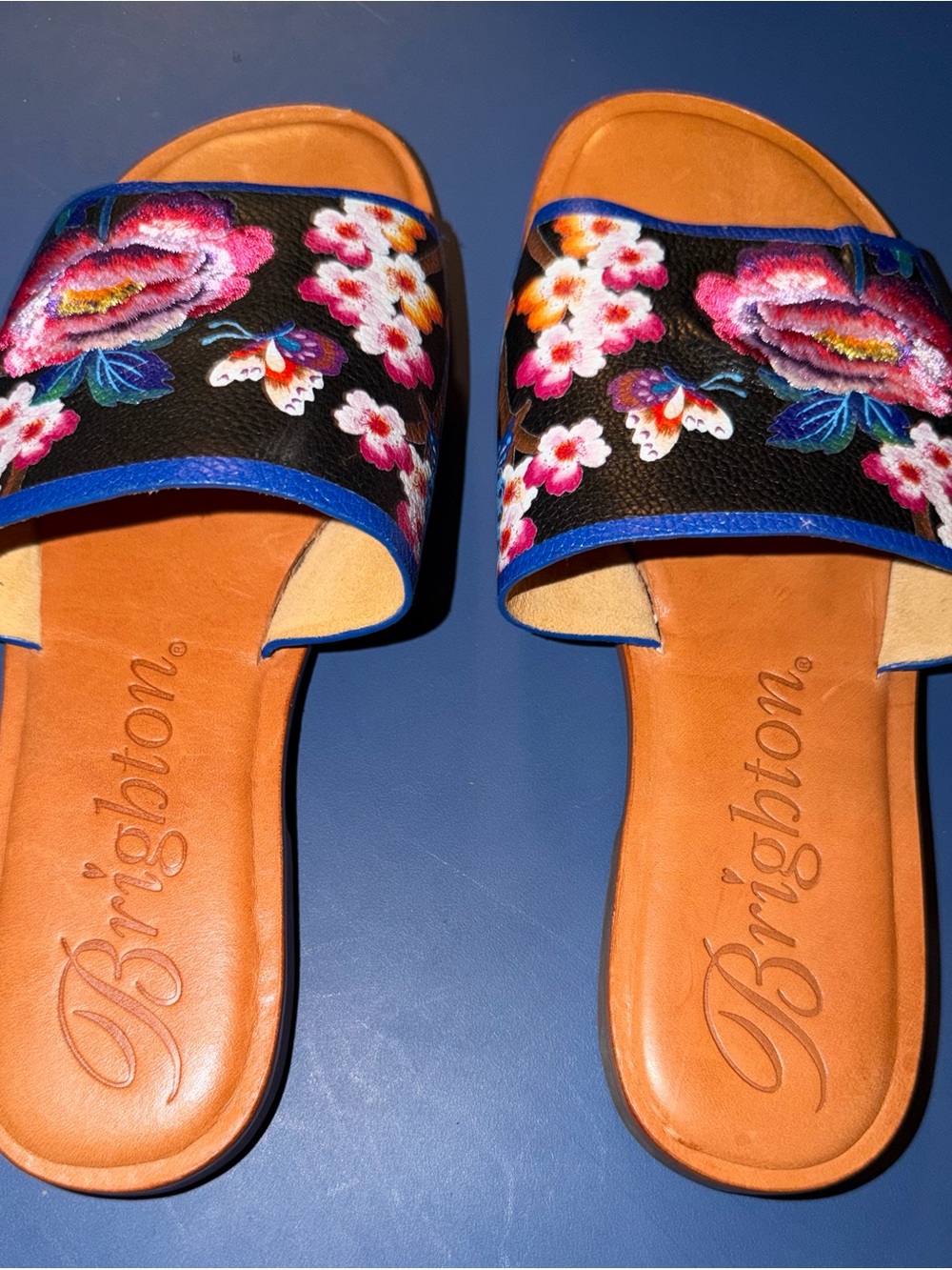Brighton Black Slide Sandals with Multicolor Floral Embroidery